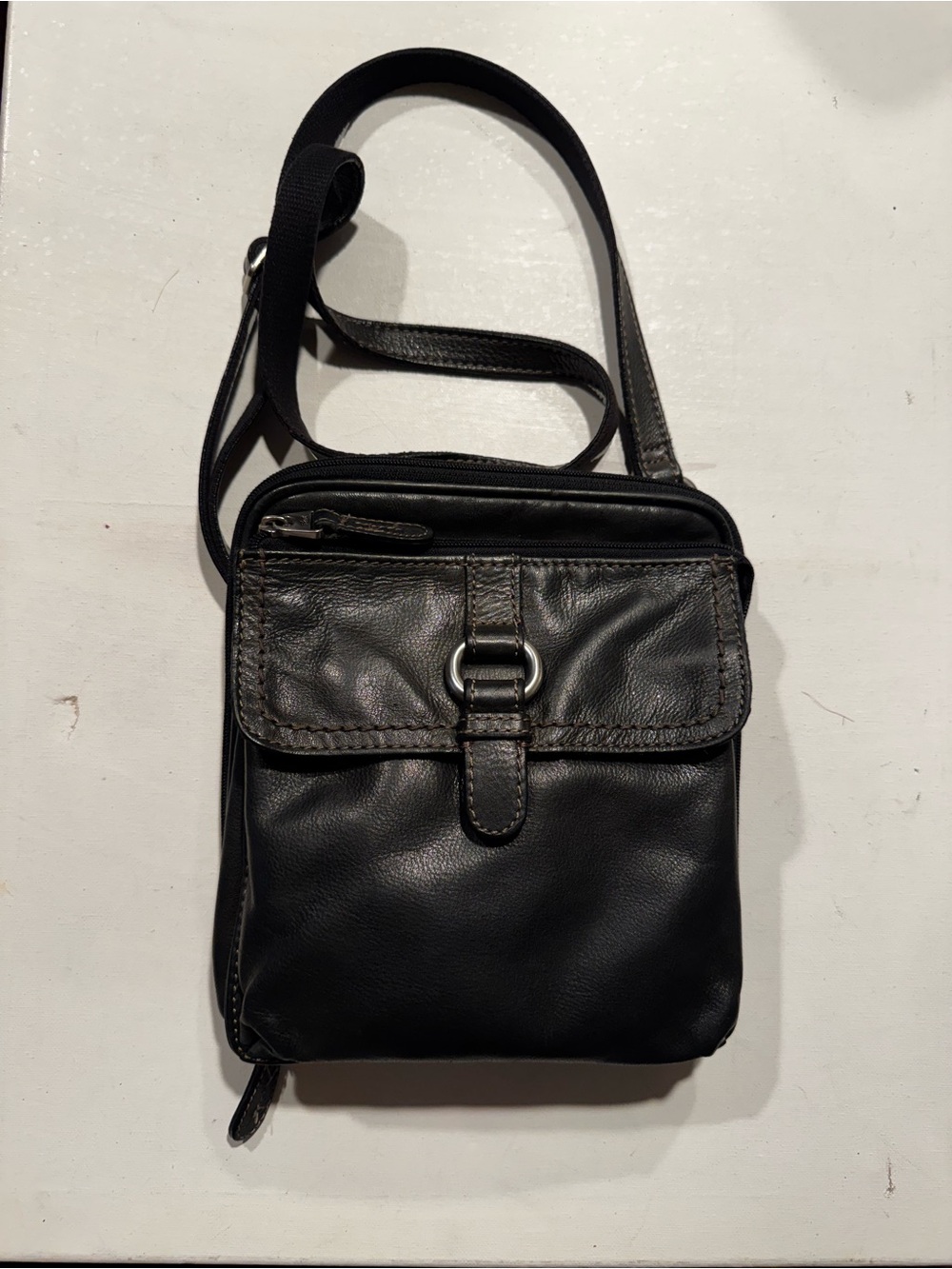 Fossil Black Leather Compact Crossbody with Ring Accent